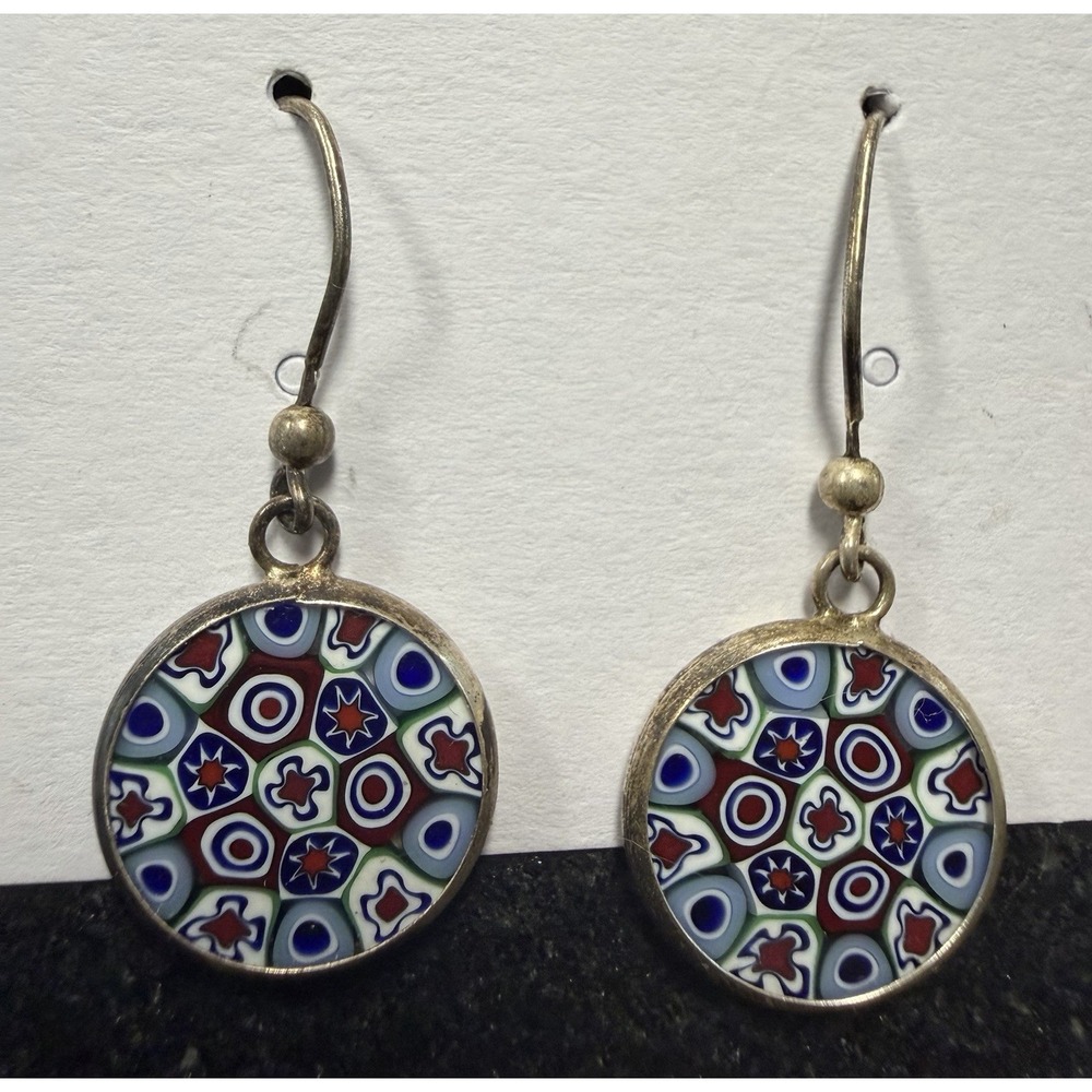 Murano Glass Millefiori Dangle Earrings Multicolor 925 Sterling Silver Venice